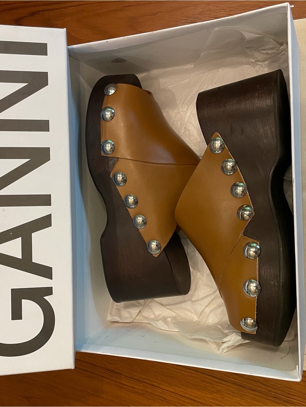 Ganni Tan brown Leather Studded Platform Mules clogs wood sole